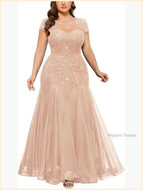 Women's Plus Size Sequin Lace Mermaid Maxi Dress, Cap Sleeve V-Neck, Formal